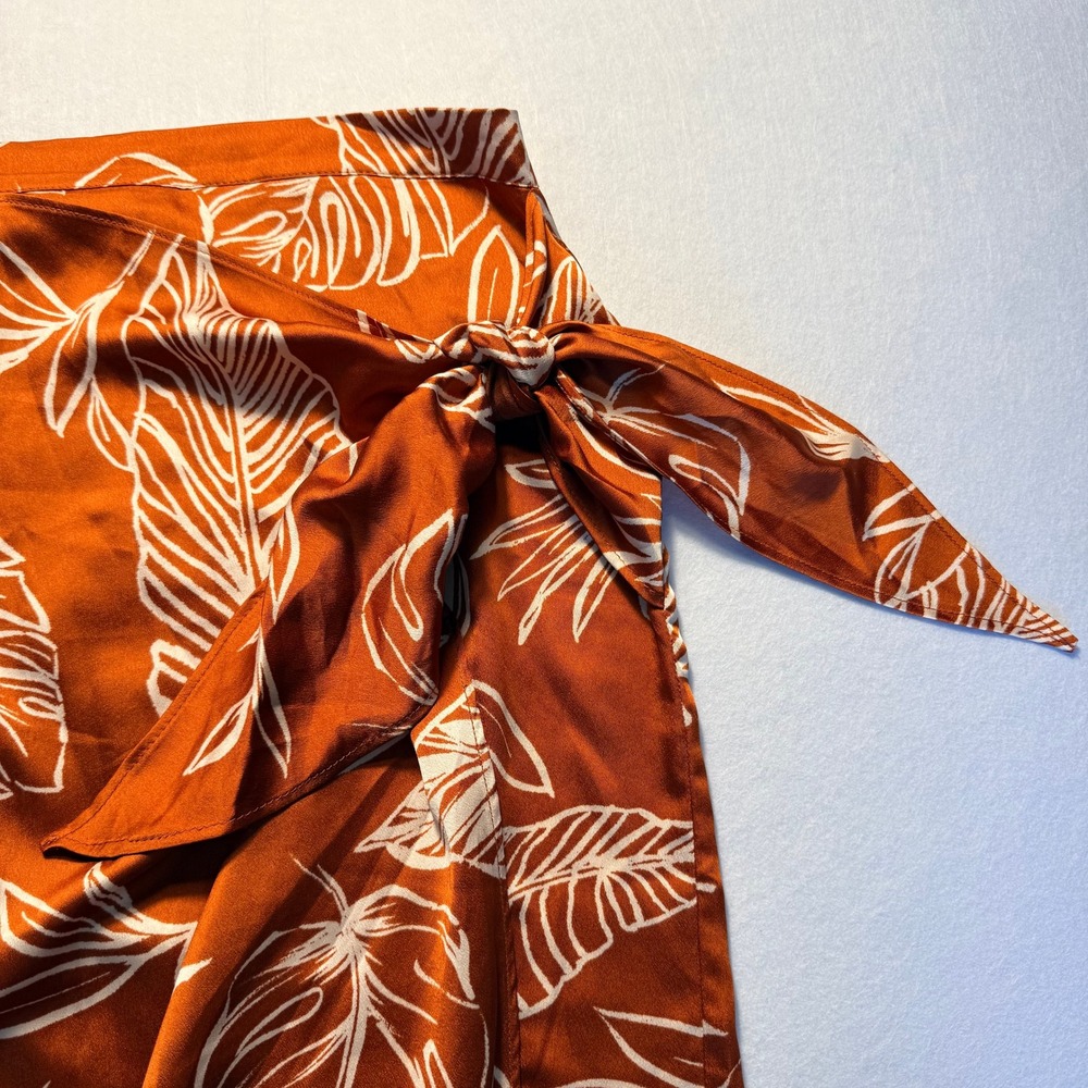 Forever 21 Rust Orange Small Skirt Tropical Leaf Print Faux Wrap Midi Side Tie - Picture 2 of 14